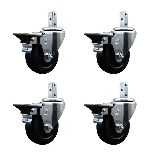 4'' Hard Rubber Wheel Swivel 3/4'' Square Stem Caster Set with Brake, 4PK
